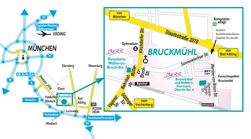 Anfahrtsskizze zum BERR-Betriebsgelände in Bruckmühl