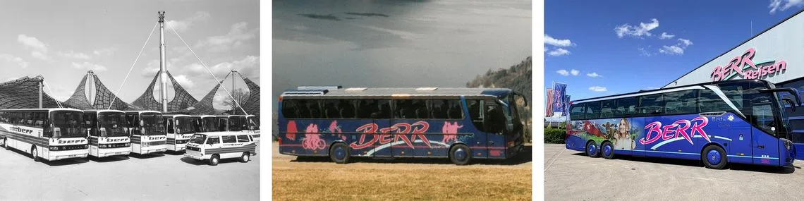 BERR Reisen damals und heute: historische Busse und moderner Reisebus vor dem Firmensitz