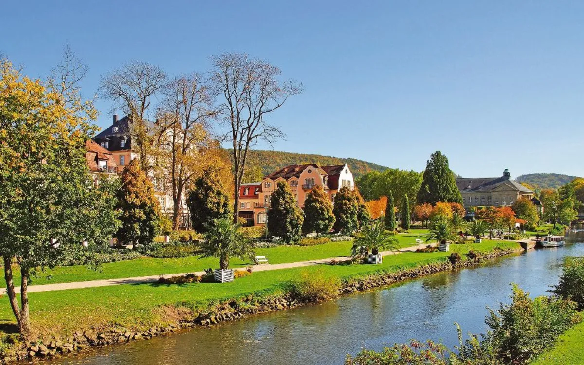 Fluss mit Parklandschaft, herbstlichem Laub und Häusern im Hintergrund.